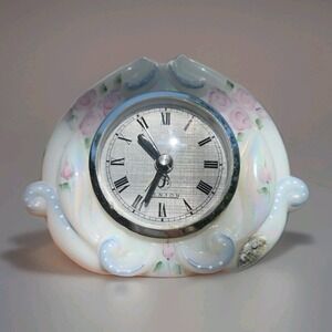 Fenton Hand Painted Floral Milk Glass‎ Alarm Desk Clock Signed Hand Painted